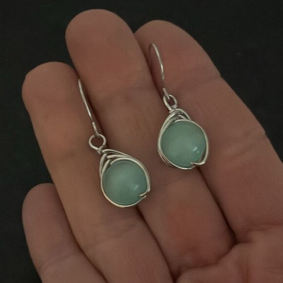 Seafoam Glass Orb Drop Earrings – Wire Wrapped Silver Tone with Keepsake Pouch - Picture 5 of 6